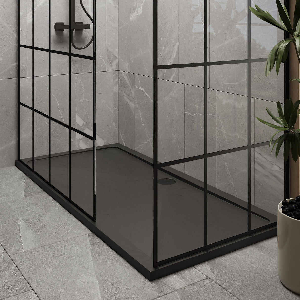 [BEZW080] Contemporary 8mm Glass Walk In Wetroom Screens with Matt Black Framed Design and Shower Tray - Choice of Size - Lifestyle 2