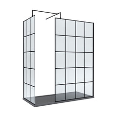 [BEZW084] Contemporary 8mm Glass Walk In Wetroom Screens with Matt Black Framed Design and Shower Tray - Choice of Size - Cutout