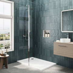 Contemporary 8mm Glass Walk In Wetroom Screen and Hinged Return Screen and Shower Tray - Choice of Size and Finish