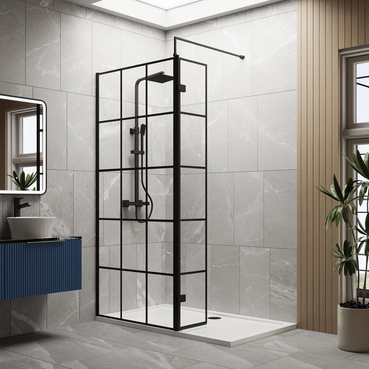 [BEZW100] Contemporary 8mm Glass Walk In Wetroom Screen and Hinged Return Screen with Black Framed Design - Choice of Size - Lifestyle 1