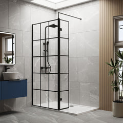 [BEZW100] Contemporary 8mm Glass Walk In Wetroom Screen and Hinged Return Screen with Black Framed Design - Choice of Size - Lifestyle 1