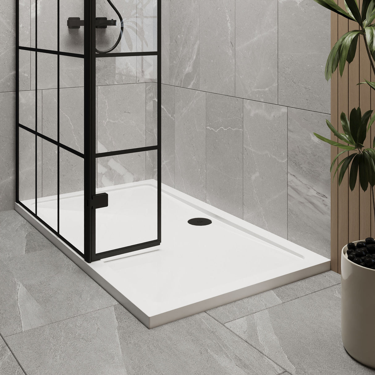 [BEZW104] Contemporary 8mm Glass Walk In Wetroom Screen and Hinged Return Screen with Black Framed Design - Choice of Size - Lifestyle 2