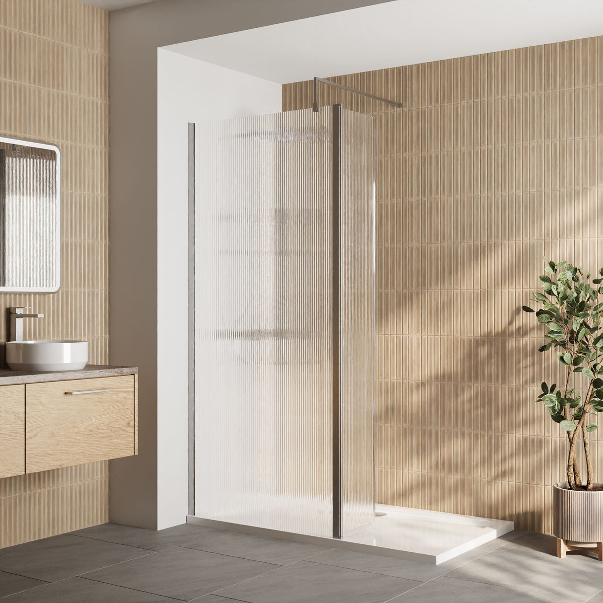 [BEZW112] Contemporary 8mm Fluted Glass Walk In Wetroom Screen and Hinged Return Screen - Choice of Size and Finish - Lifestyle 1