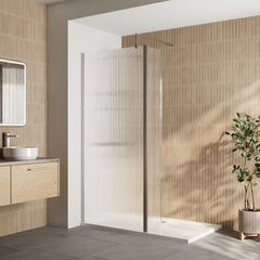 [BEZW112] Contemporary 8mm Fluted Glass Walk In Wetroom Screen and Hinged Return Screen - Choice of Size and Finish - Lifestyle 1