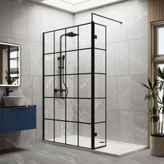 [BEZW122] Contemporary 8mm Glass Walk In Wetroom Screen and Hinged Return Screen with Black Framed Design - Choice of Size - Lifestyle 1