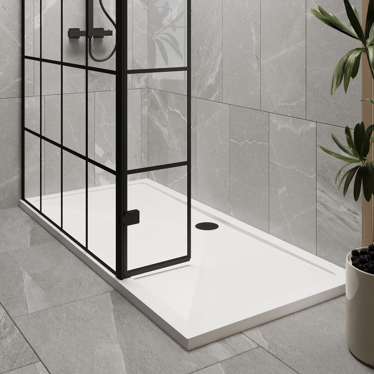 [BEZW122] Contemporary 8mm Glass Walk In Wetroom Screen and Hinged Return Screen with Black Framed Design - Choice of Size - Lifestyle 2