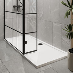 [BEZW122] Contemporary 8mm Glass Walk In Wetroom Screen and Hinged Return Screen with Black Framed Design - Choice of Size - Lifestyle 2