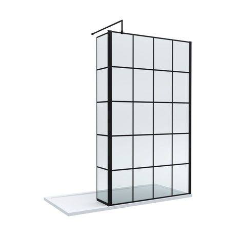 [BEZW126] Contemporary 8mm Glass Walk In Wetroom Screen and Hinged Return Screen with Black Framed Design - Choice of Size - Cutout