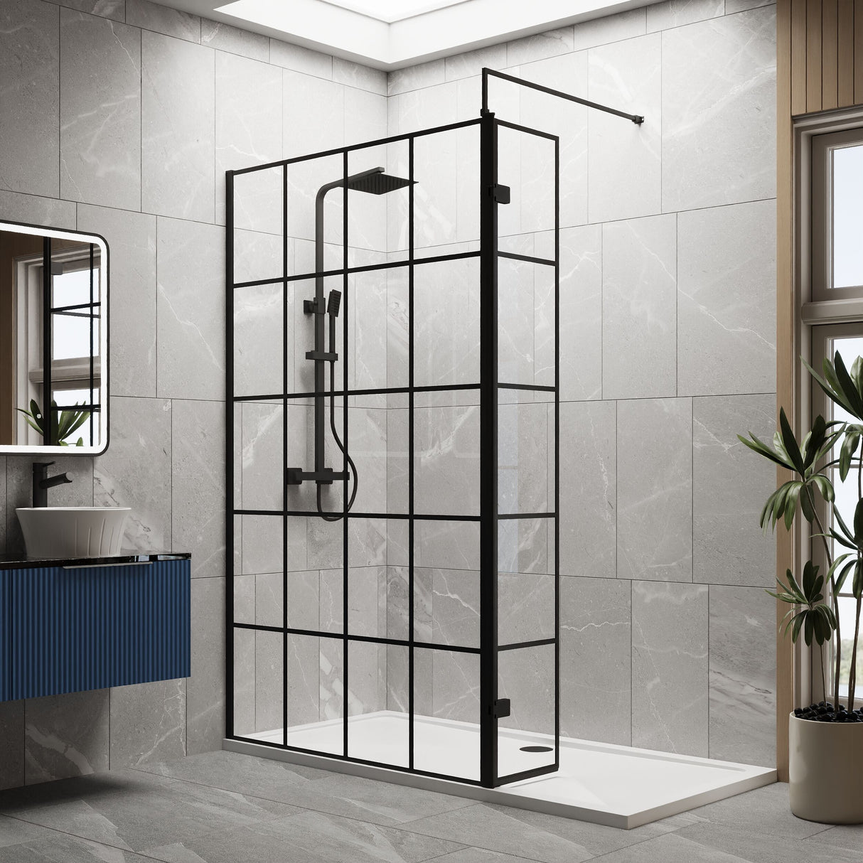 [BEZW126] Contemporary 8mm Glass Walk In Wetroom Screen and Hinged Return Screen with Black Framed Design - Choice of Size - Lifestyle 1