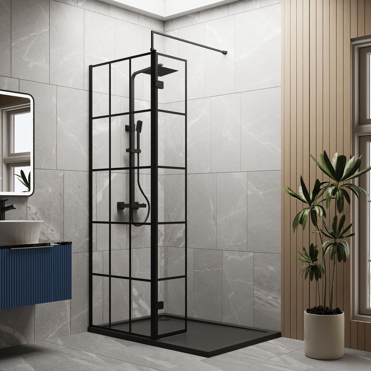 [BEZW130] Contemporary 8mm Glass Walk In Wetroom Screen and Hinged Return Screen with Black Framed Design - Choice of Size - Lifestyle 1