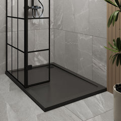 [BEZW134] Contemporary 8mm Glass Walk In Wetroom Screen and Hinged Return Screen with Black Framed Design - Choice of Size - Lifestyle 2