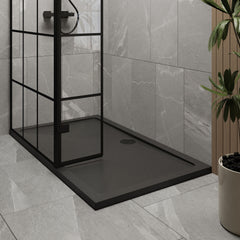 [BEZW146] Contemporary 8mm Glass Walk In Wetroom Screen and Hinged Return Screen with Black Framed Design - Choice of Size - Lifestyle 2