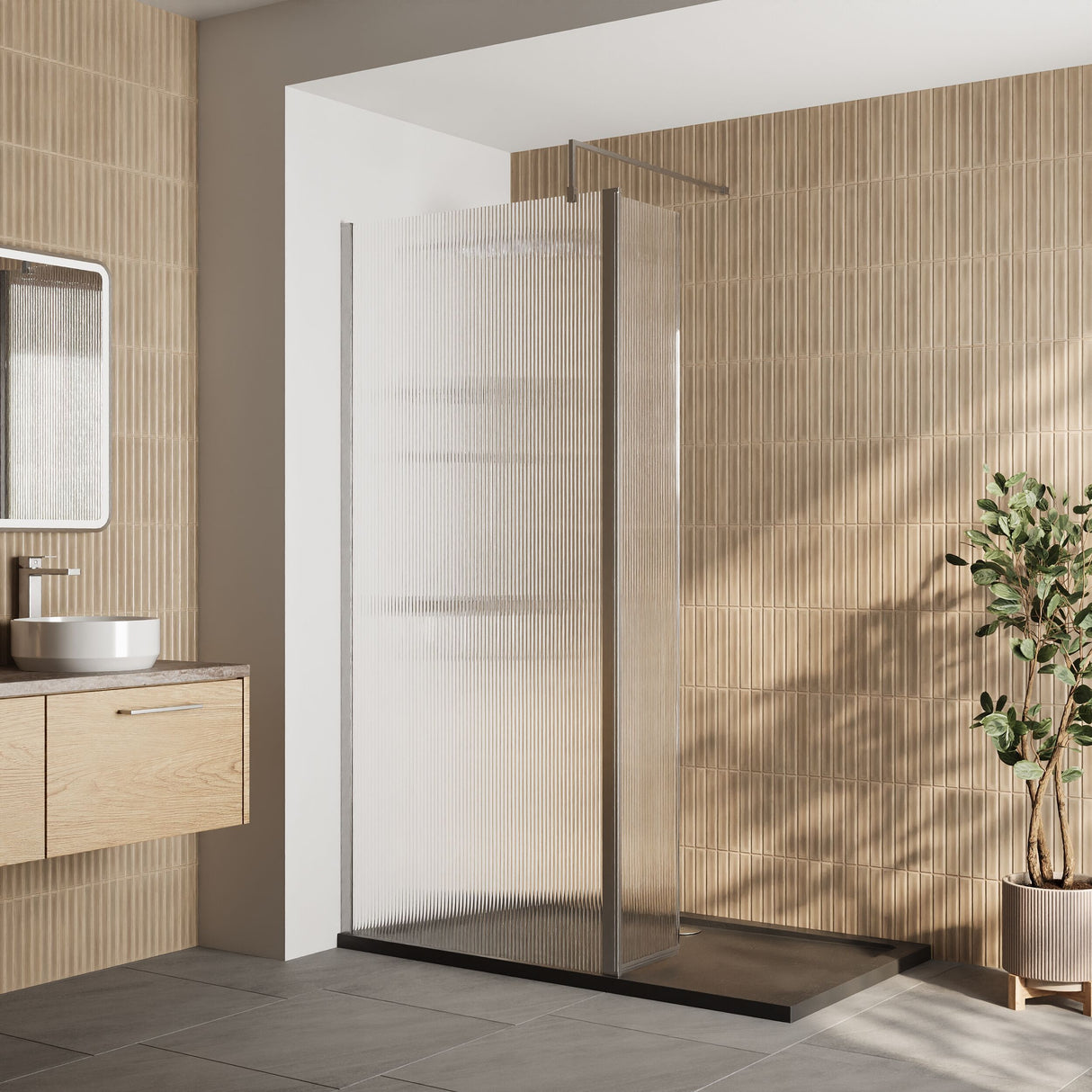 [BEZW154] Contemporary 8mm Fluted Glass Walk In Wetroom Screen and Hinged Return Screen - Choice of Size and Finish - Lifestyle 1
