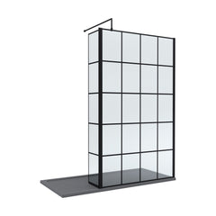 [BEZW160] Contemporary 8mm Glass Walk In Wetroom Screen and Hinged Return Screen with Black Framed Design - Choice of Size - Cutout