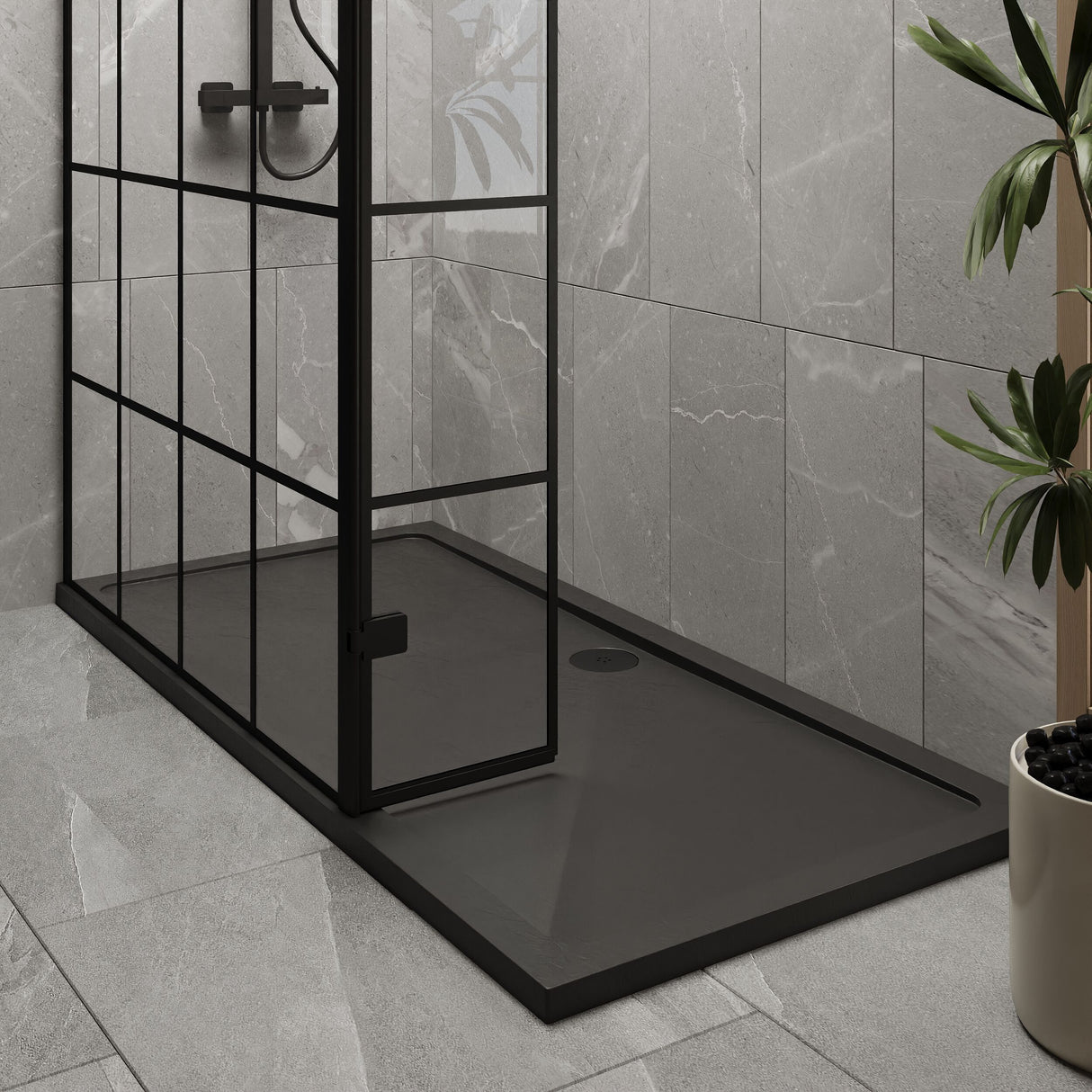 [BEZW164] Contemporary 8mm Glass Walk In Wetroom Screen and Hinged Return Screen with Black Framed Design - Choice of Size - Lifestyle 2