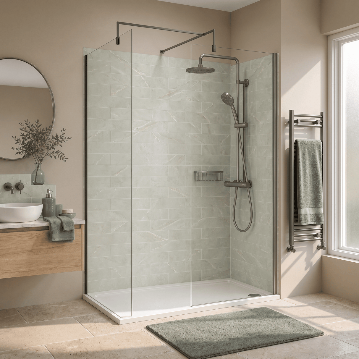 [BEZW185001GM] Contemporary Walk In Wetroom Shower Enclosure Bundle - Screens, Shower Tray and Waste, Choice of Size and Colour - Silo