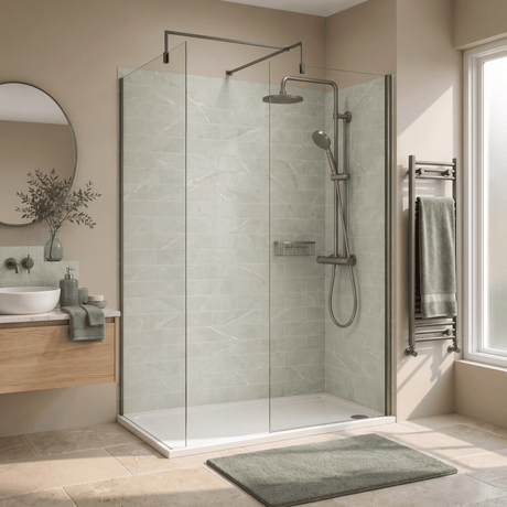 [BEZW185001GM] Contemporary Walk In Wetroom Shower Enclosure Bundle - Screens, Shower Tray and Waste, Choice of Size and Colour - Silo