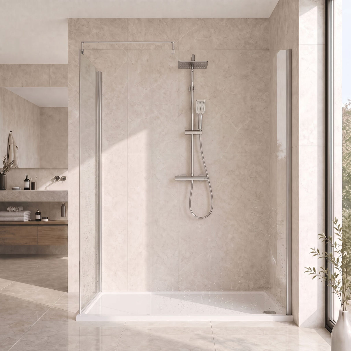 [BEZW185001] Contemporary Walk In Wetroom Shower Enclosure Bundle - Screens, Shower Tray and Waste, Choice of Size and Colour