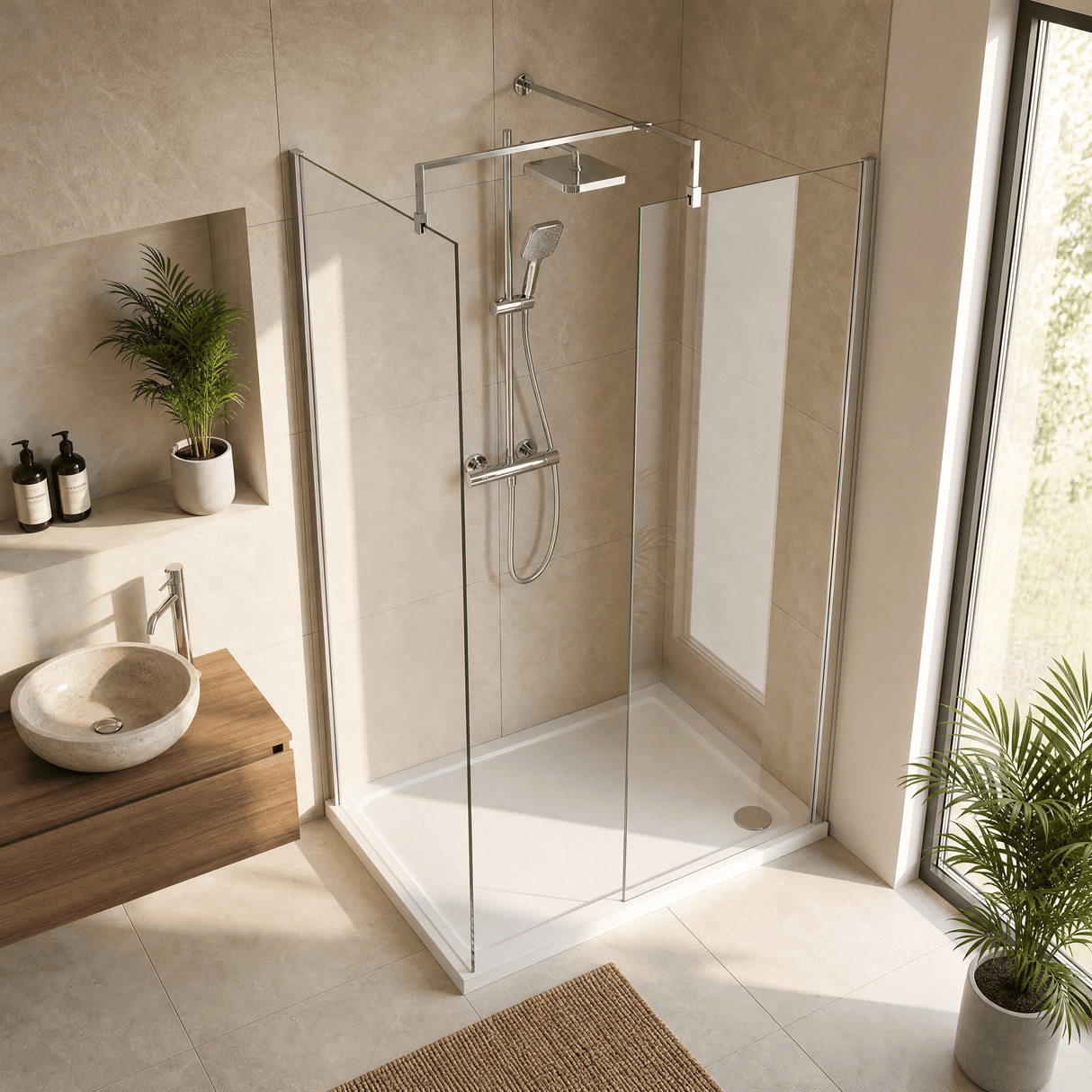 [BEZW185001] Contemporary Walk In Wetroom Shower Enclosure Bundle - Screens, Shower Tray and Waste, Choice of Size and Colour