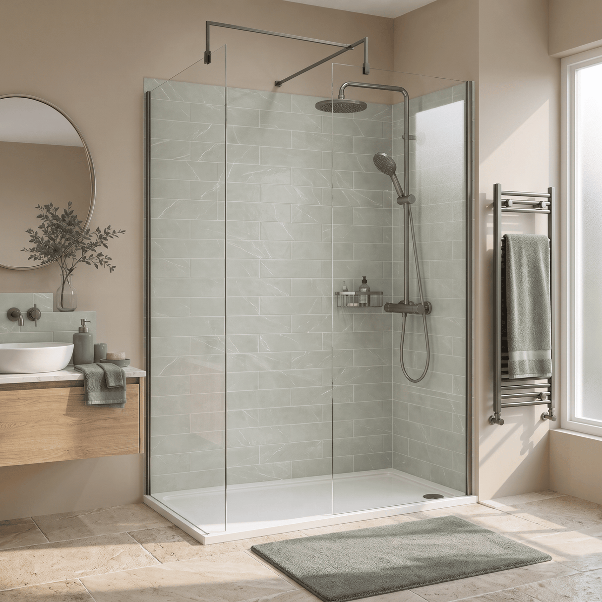 [BEZW185002GM] Contemporary Walk In Wetroom Shower Enclosure Bundle - Screens, Shower Tray and Waste, Choice of Size and Colour - Silo