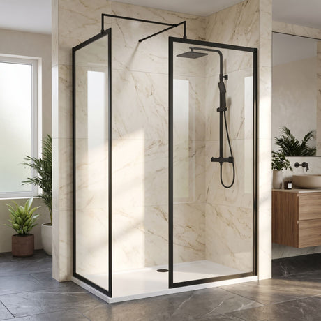 [BEZW185015MB] Contemporary Full Outer Frame Walk In Wetroom Shower Enclosure Bundle - Screens, Shower Tray and Waste, Choice of Size and Colour - Silo