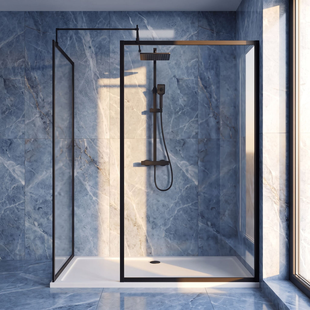 [BEZW185016MB] Contemporary Full Outer Frame Walk In Wetroom Shower Enclosure Bundle - Screens, Shower Tray and Waste, Choice of Size and Colour - Silo