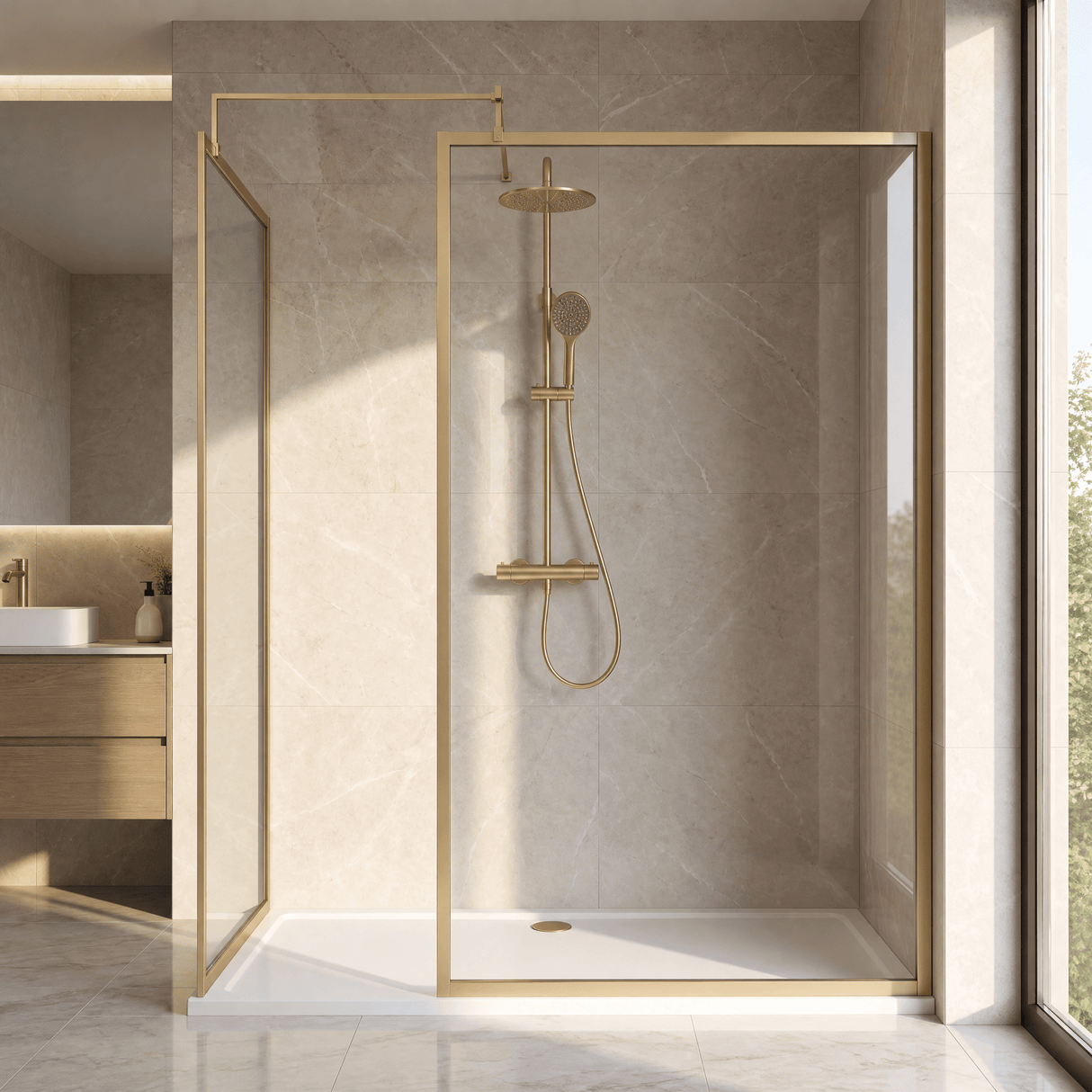 [BEZW185022BB] Balterley Framed Walk-In Wetroom Bundle with Tray and Waste, 1700x700mm, Brushed Brass - Lifestyle 1