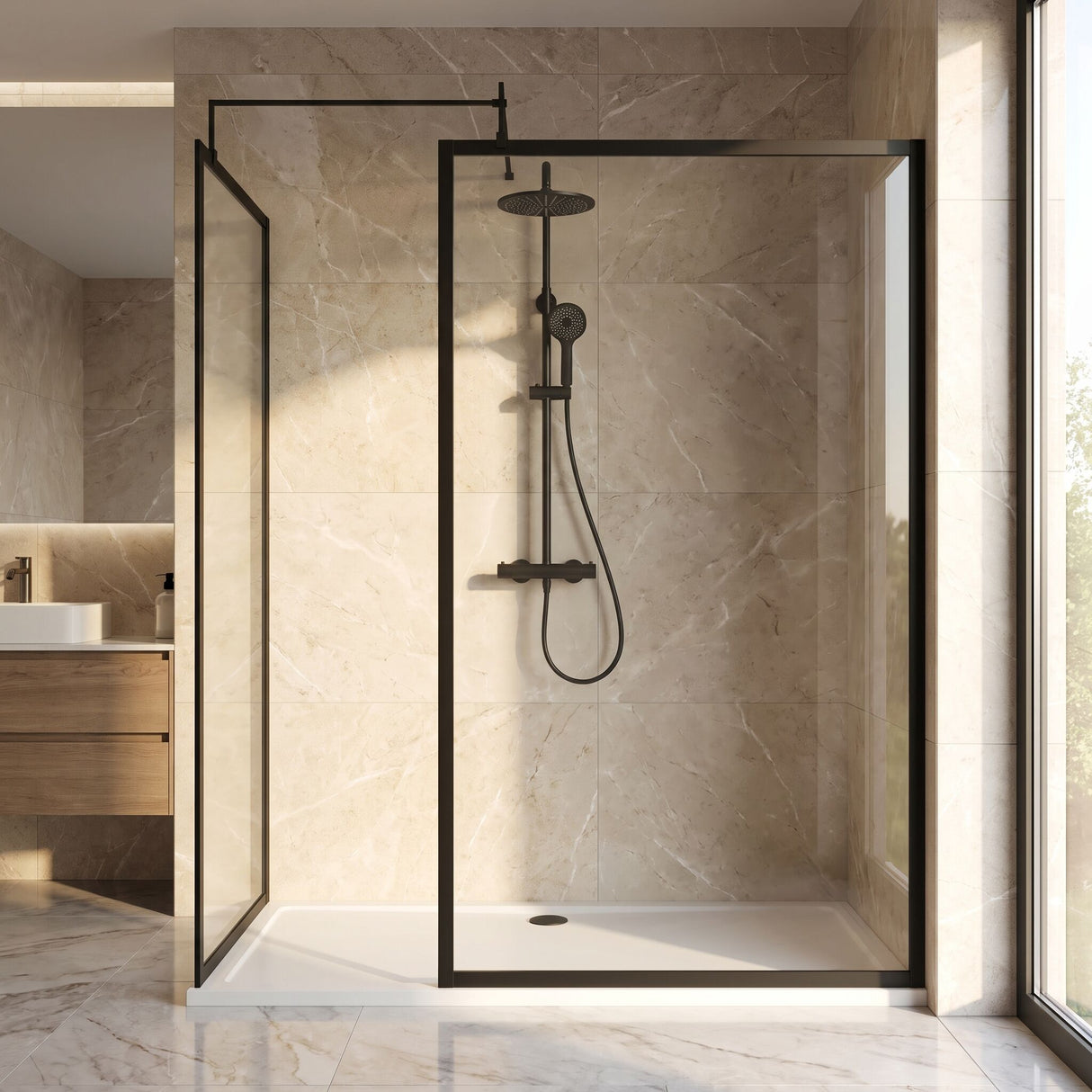 [BEZW185022MB] Balterley Framed Walk-In Wetroom Bundle with Tray and Waste, 1700x700mm, Matt Black - Lifestyle 1