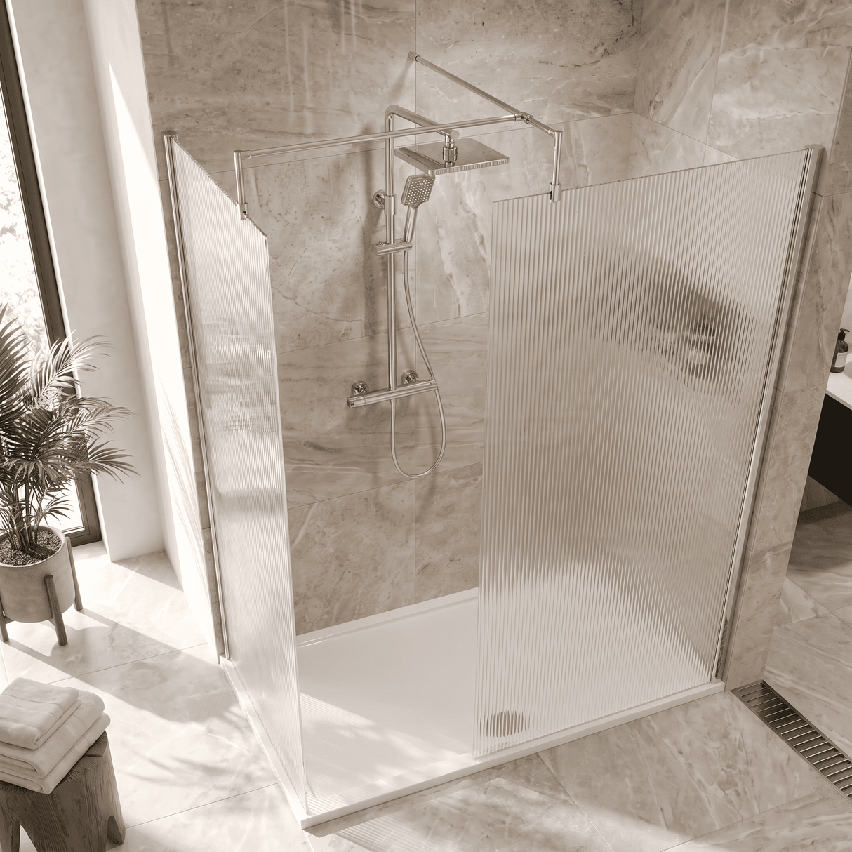 [BEZW185023] Fluted Walk-In Wetroom Bundle with Screens, Shower Tray and Waste, Choice of Size and Colour