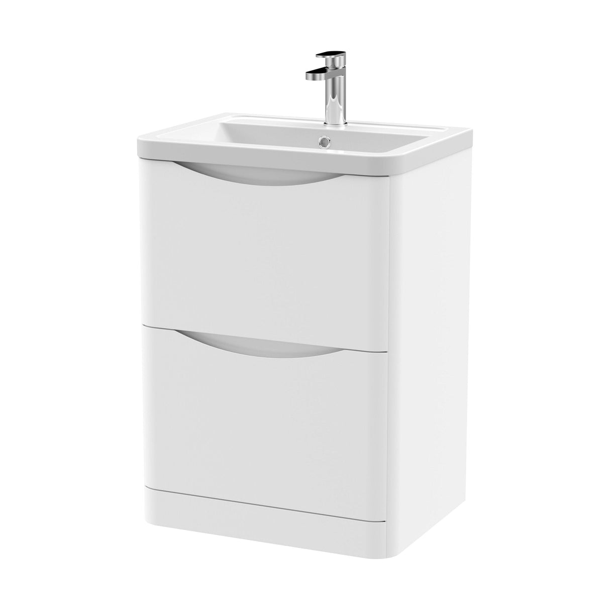 [BFAC101A] Dunwood Contemporary 2 Drawer Floor Standing Vanity Unit with Basin, Satin White, 600mm - Cutout