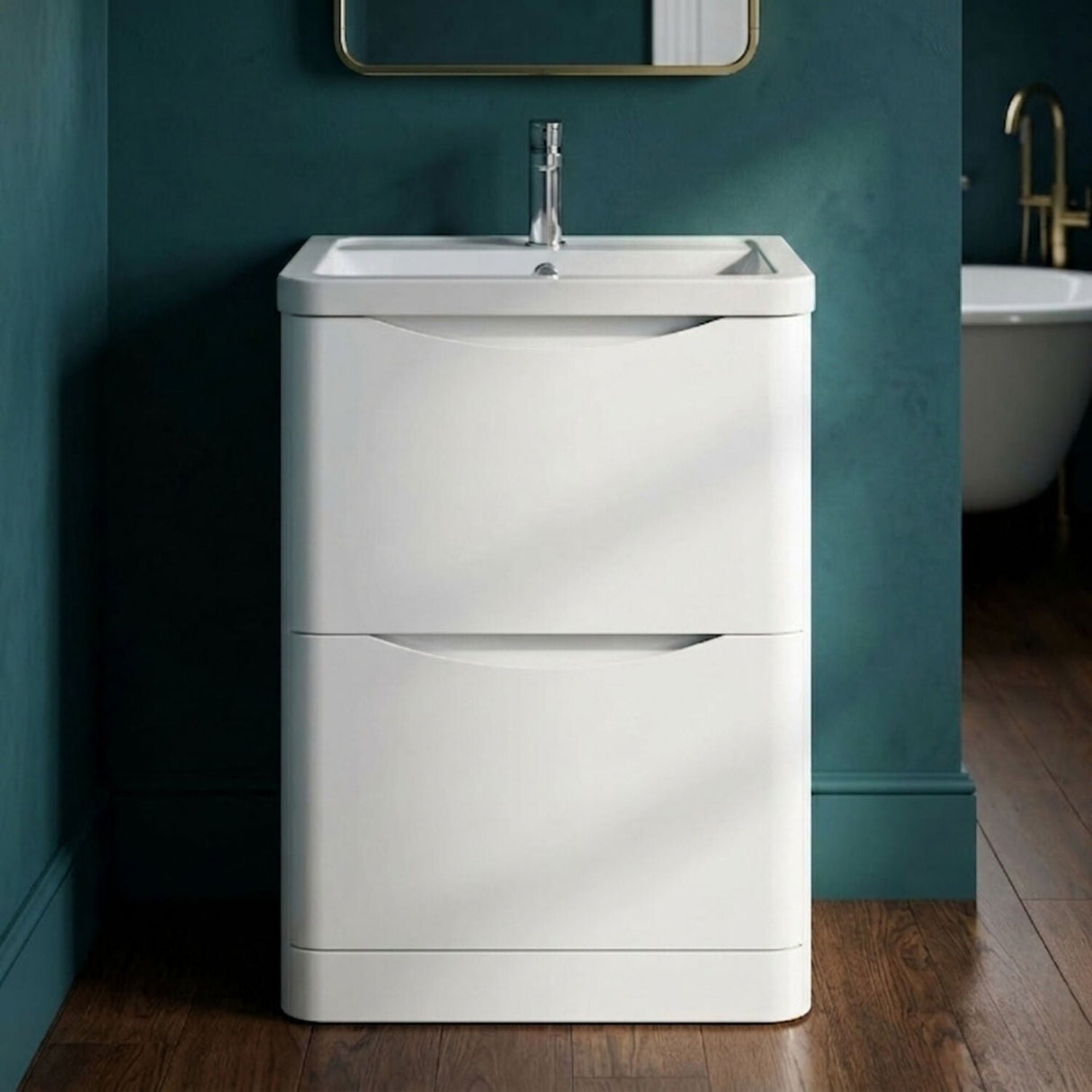 [BFAC101A] Dunwood Contemporary 2 Drawer Floor Standing Vanity Unit with Basin, Satin White, 600mm - Silo