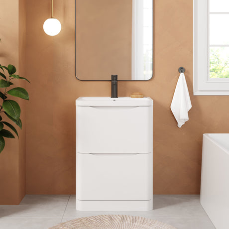 [BFAC101] Balterley Arch Contemporary Bathroom Floor Standing 2 Drawer Vanity & Polymarble Basin, Satin White, 600mm - Lifestyle 1