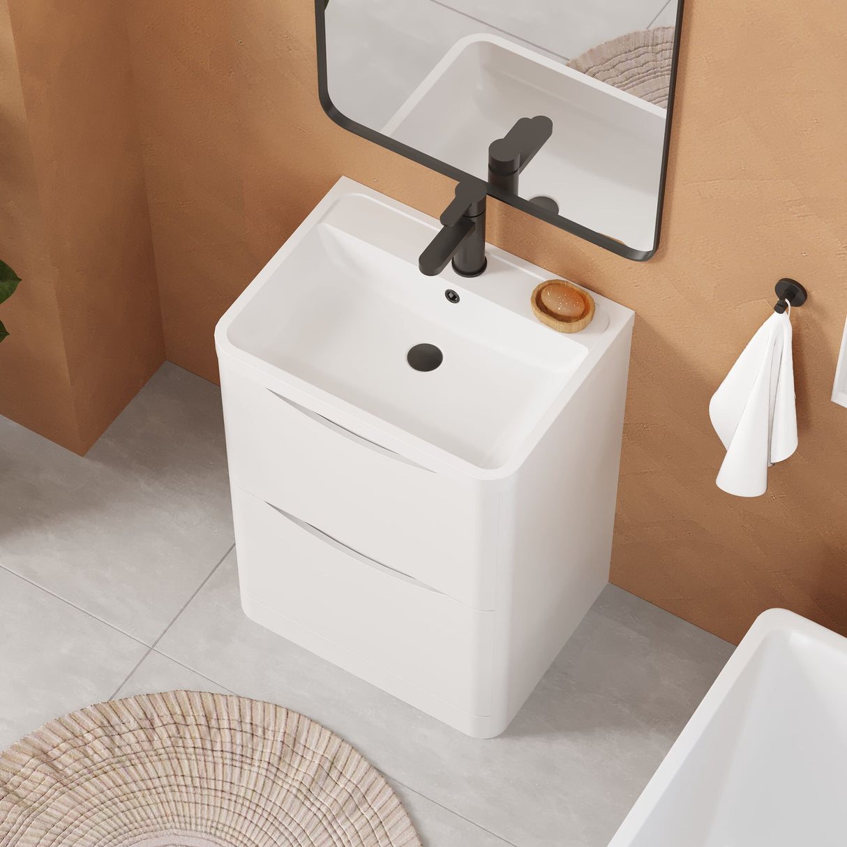 [BFAC101] Balterley Arch Contemporary Bathroom Floor Standing 2 Drawer Vanity & Polymarble Basin, Satin White, 600mm - Lifestyle 2