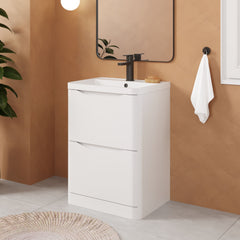 [BFAC101] Balterley Arch Contemporary Bathroom Floor Standing 2 Drawer Vanity & Polymarble Basin, Satin White, 600mm - Lifestyle 3