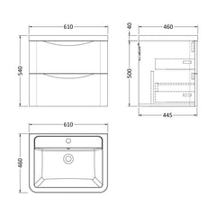 [BFAC102A] Dunwood Contemporary 2 Drawer Wall Hung Vanity Unit with Basin, Satin White, 600mm - Technical Drawing