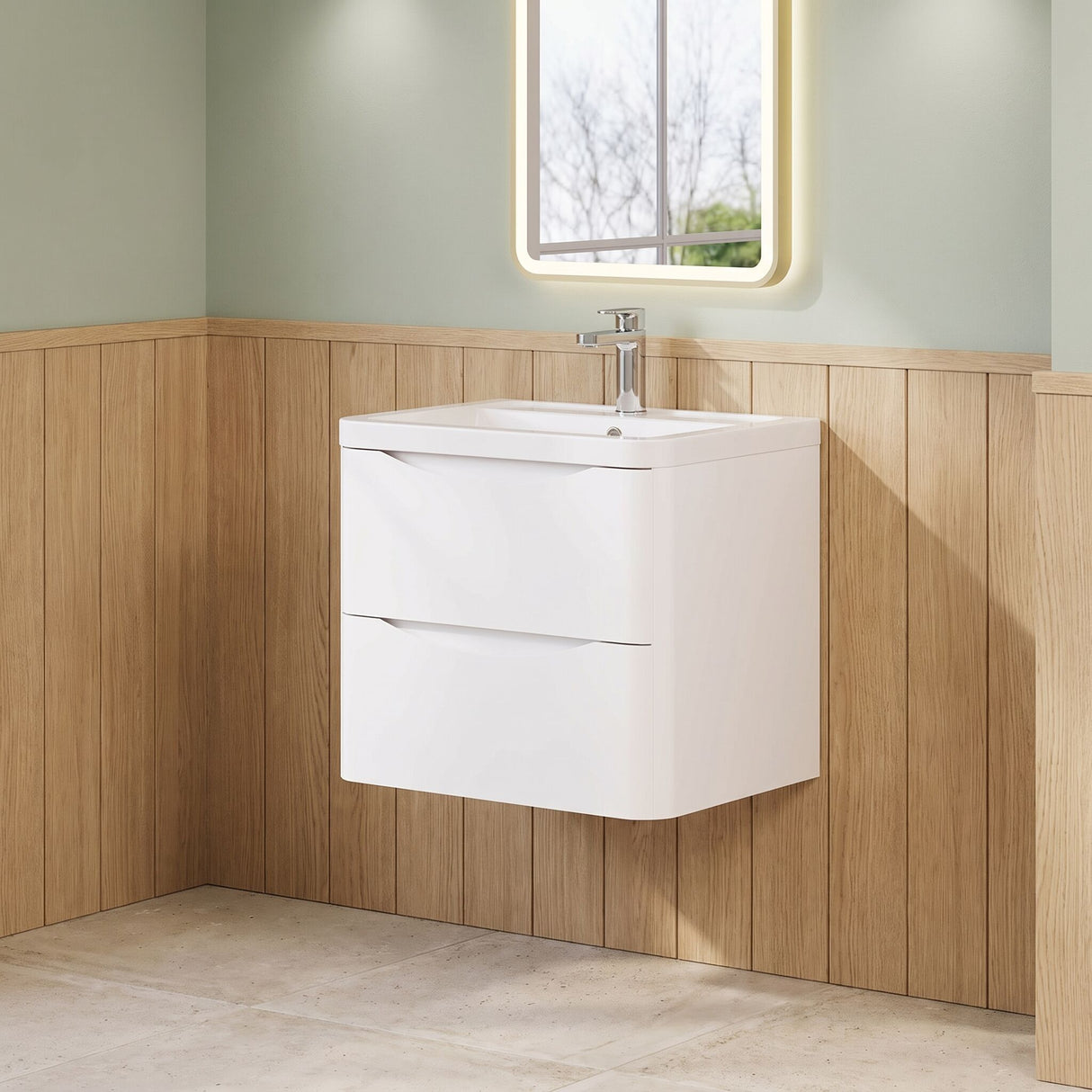 [BFAC102A] Dunwood Contemporary 2 Drawer Wall Hung Vanity Unit with Basin, Choice of Size and Colour
