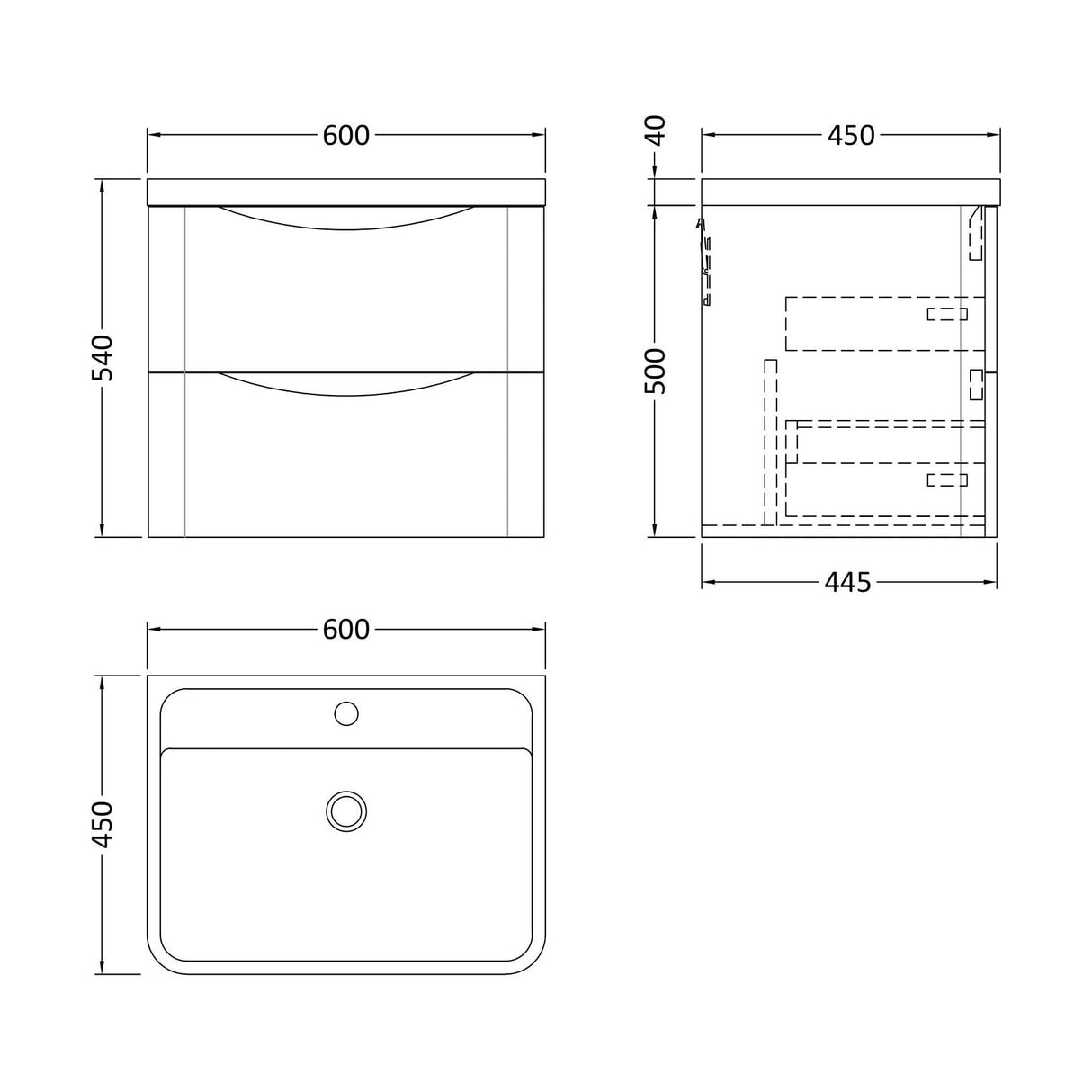 [BFAC102] Balterley Arch Contemporary Bathroom Wall Hung 2 Drawer Vanity & Polymarble Basin, Satin White, 600mm - Technical Drawing
