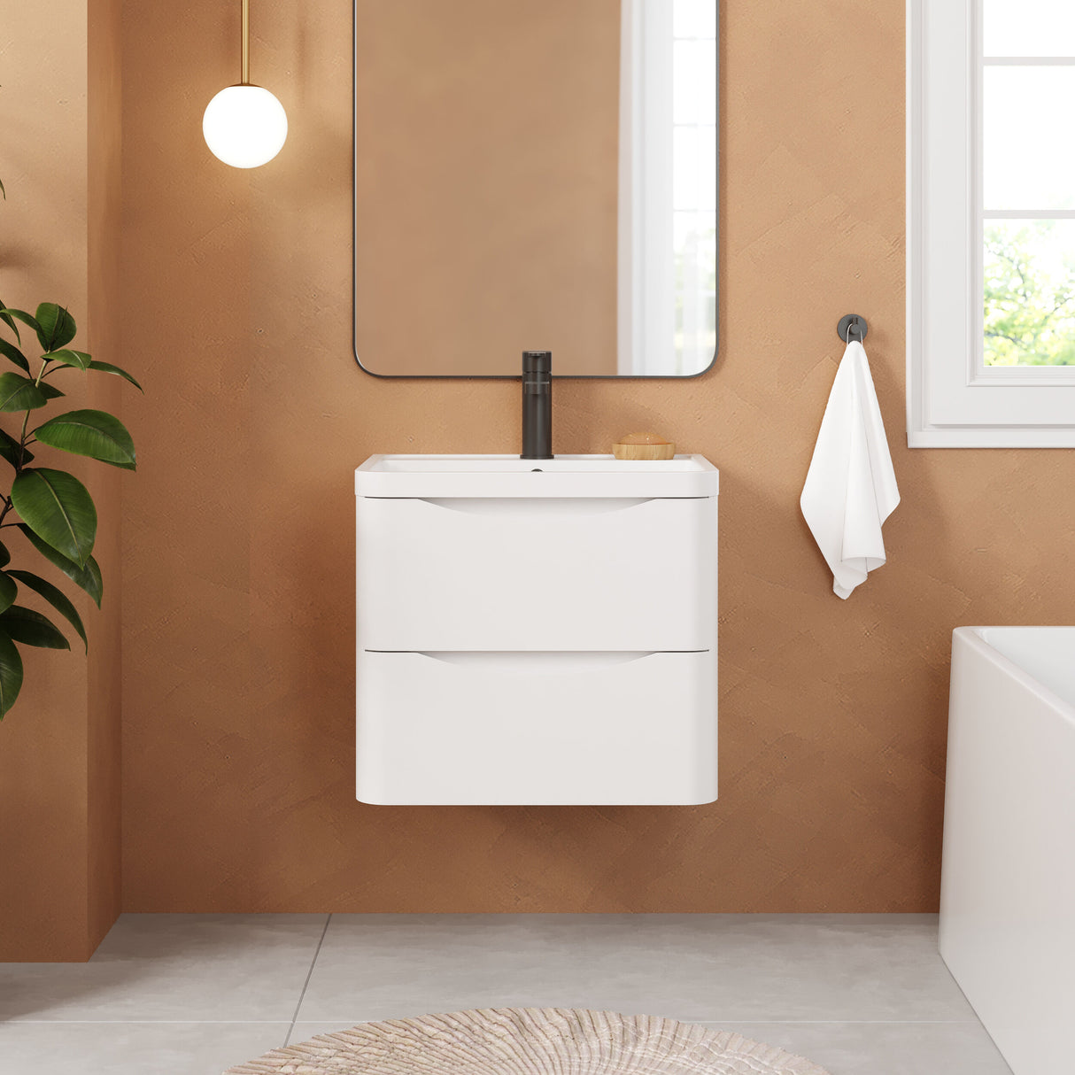 [BFAC102] Balterley Arch Contemporary Bathroom Wall Hung 2 Drawer Vanity & Polymarble Basin, Satin White, 600mm - Lifestyle 1