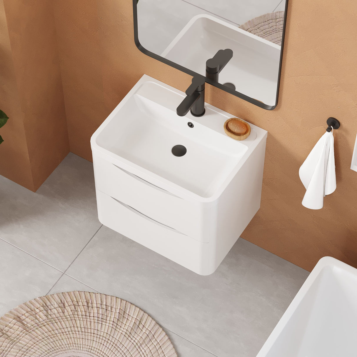 [BFAC102] Balterley Arch Contemporary Bathroom Wall Hung 2 Drawer Vanity & Polymarble Basin, Satin White, 600mm - Lifestyle 2