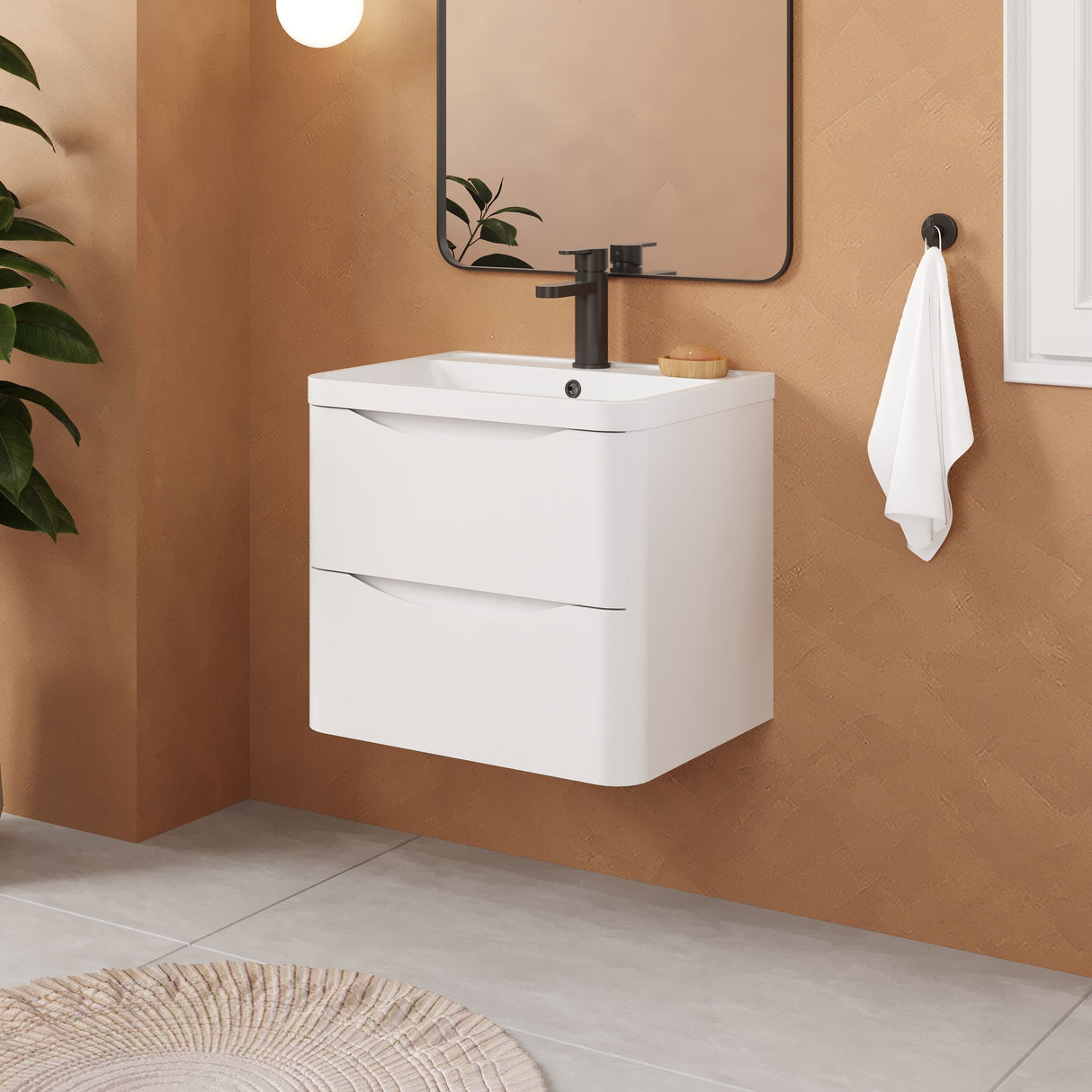 [BFAC102] Balterley Arch Contemporary Bathroom Wall Hung 2 Drawer Vanity & Polymarble Basin, Satin White, 600mm - Lifestyle 3