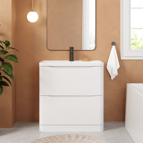 [BFAC103] Balterley Arch Contemporary Bathroom Floor Standing 2 Drawer Vanity & Polymarble Basin, Satin White, 800mm - Lifestyle 1