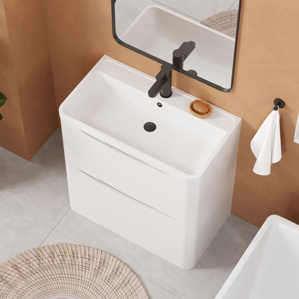 [BFAC103] Balterley Arch Contemporary Bathroom Floor Standing 2 Drawer Vanity & Polymarble Basin, Satin White, 800mm - Lifestyle 2