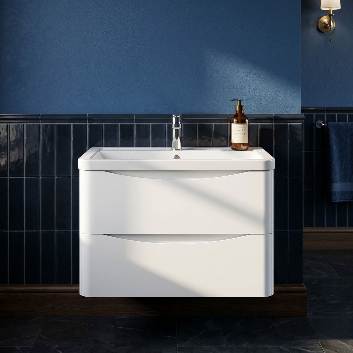 [BFAC104A] Dunwood Contemporary 2 Drawer Wall Hung Vanity Unit with Basin, Satin White, 800mm - Silo
