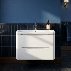[BFAC104A] Dunwood Contemporary 2 Drawer Wall Hung Vanity Unit with Basin, Satin White, 800mm - Silo
