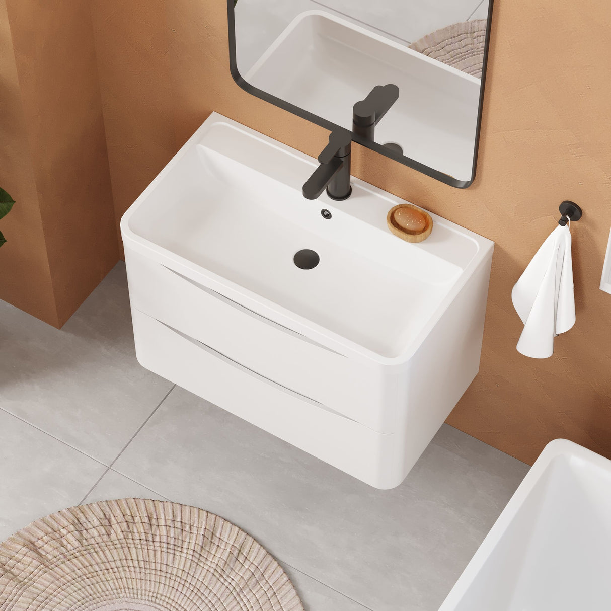 [BFAC104] Balterley Arch Contemporary Bathroom Wall Hung 2 Drawer Vanity & Polymarble Basin, Satin White, 800mm - Lifestyle 2
