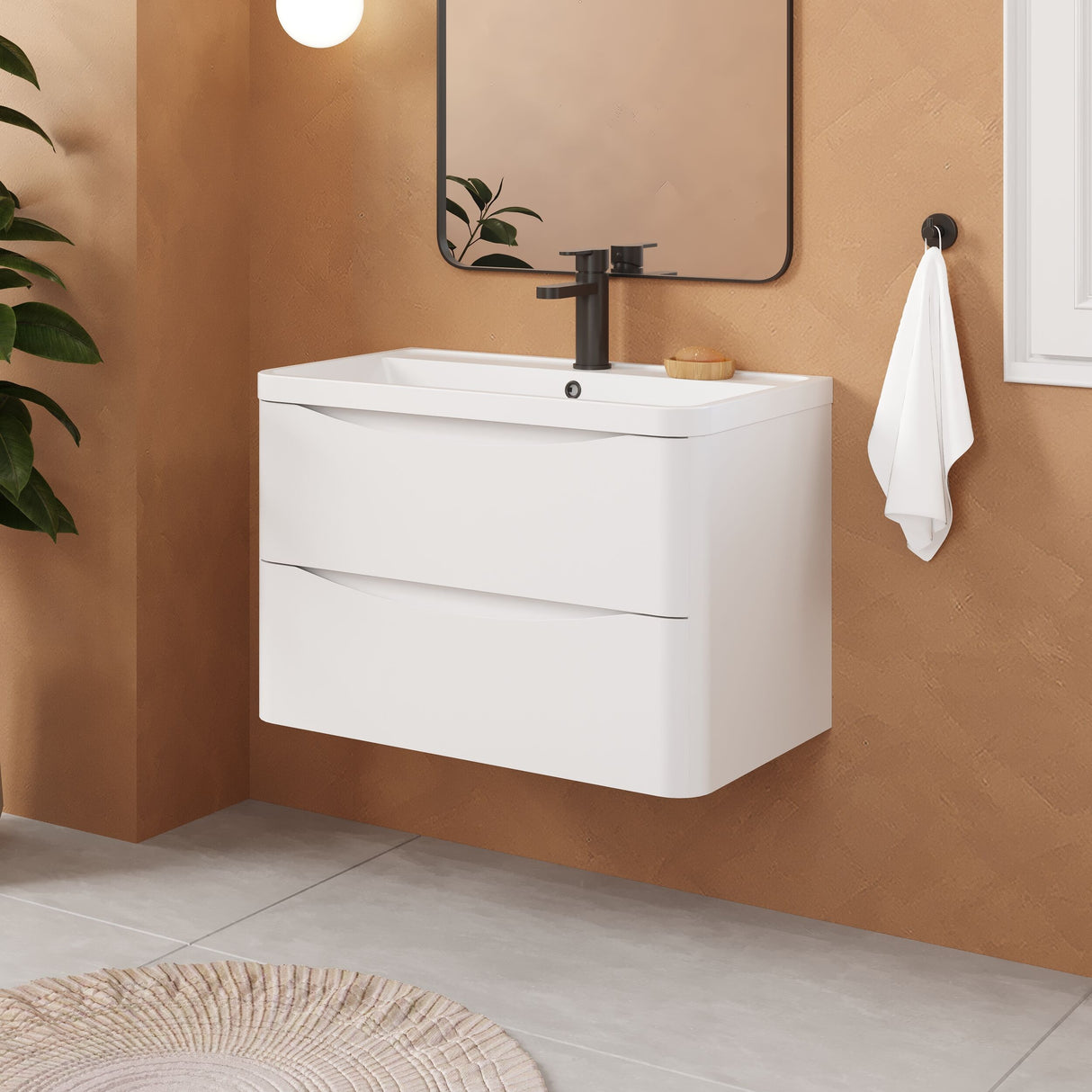 [BFAC104] Balterley Arch Contemporary Bathroom Wall Hung 2 Drawer Vanity & Polymarble Basin, Satin White, 800mm - Lifestyle 3