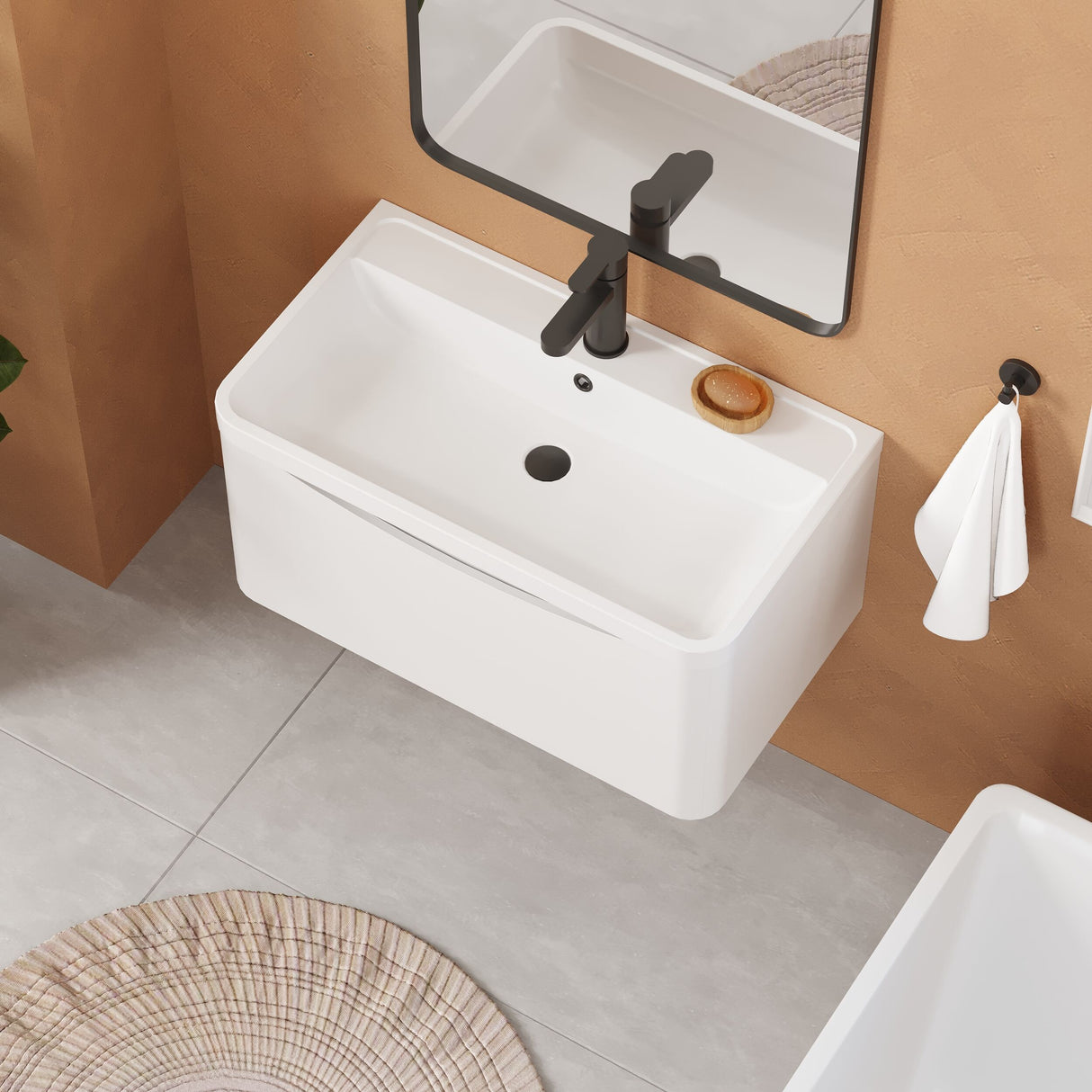 [BFAC106] Balterley Arch Contemporary Bathroom Wall Hung 1 Drawer Vanity & Polymarble Basin, Satin White, 800mm - Lifestyle 2
