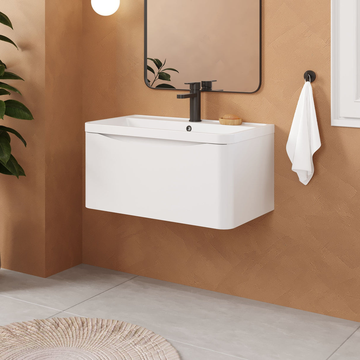 [BFAC106] Balterley Arch Contemporary Bathroom Wall Hung 1 Drawer Vanity & Polymarble Basin, Satin White, 800mm - Lifestyle 3
