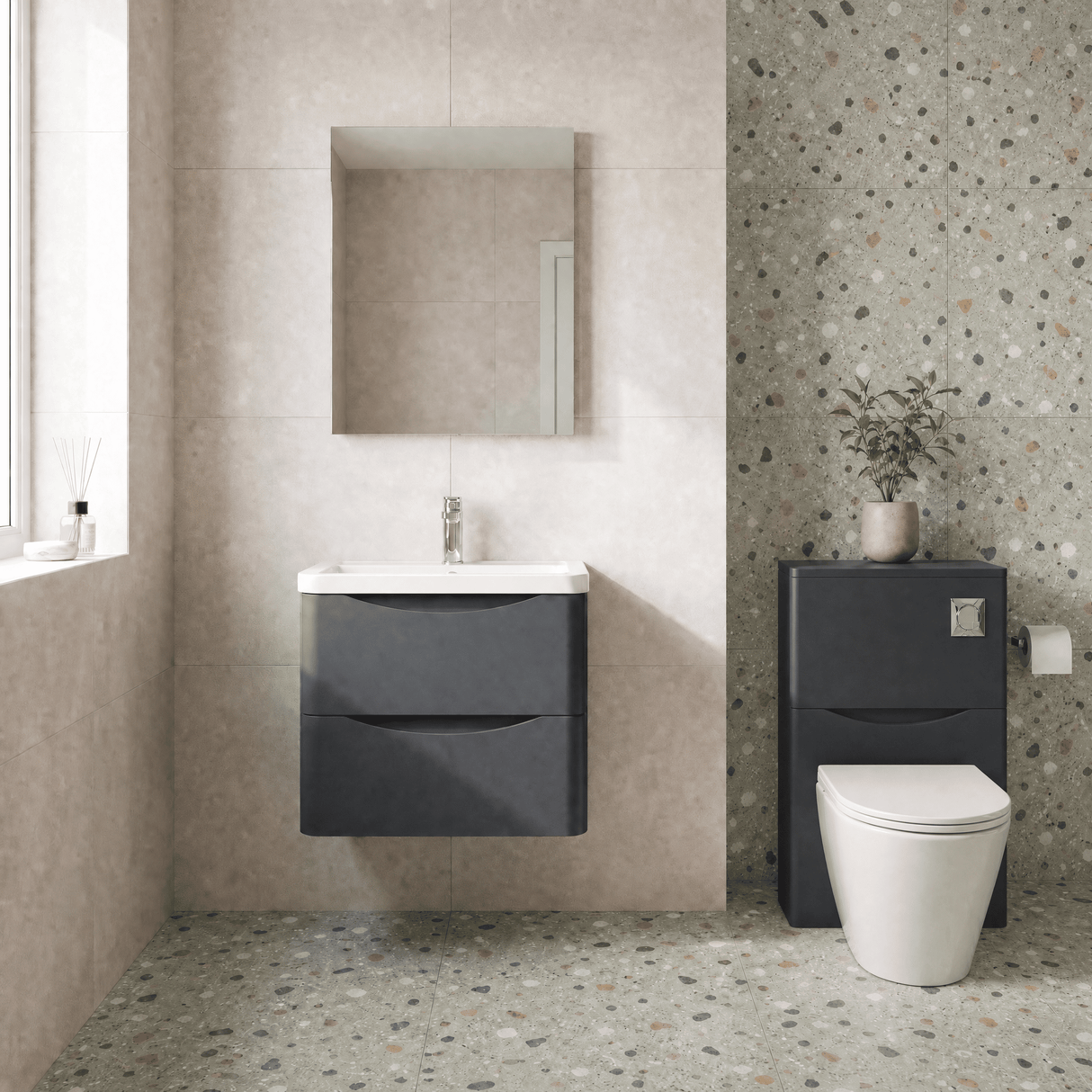[BFAC1402A] Dunwood Contemporary 2 Drawer Wall Hung Vanity Unit with Basin, Choice of Size and Colour
