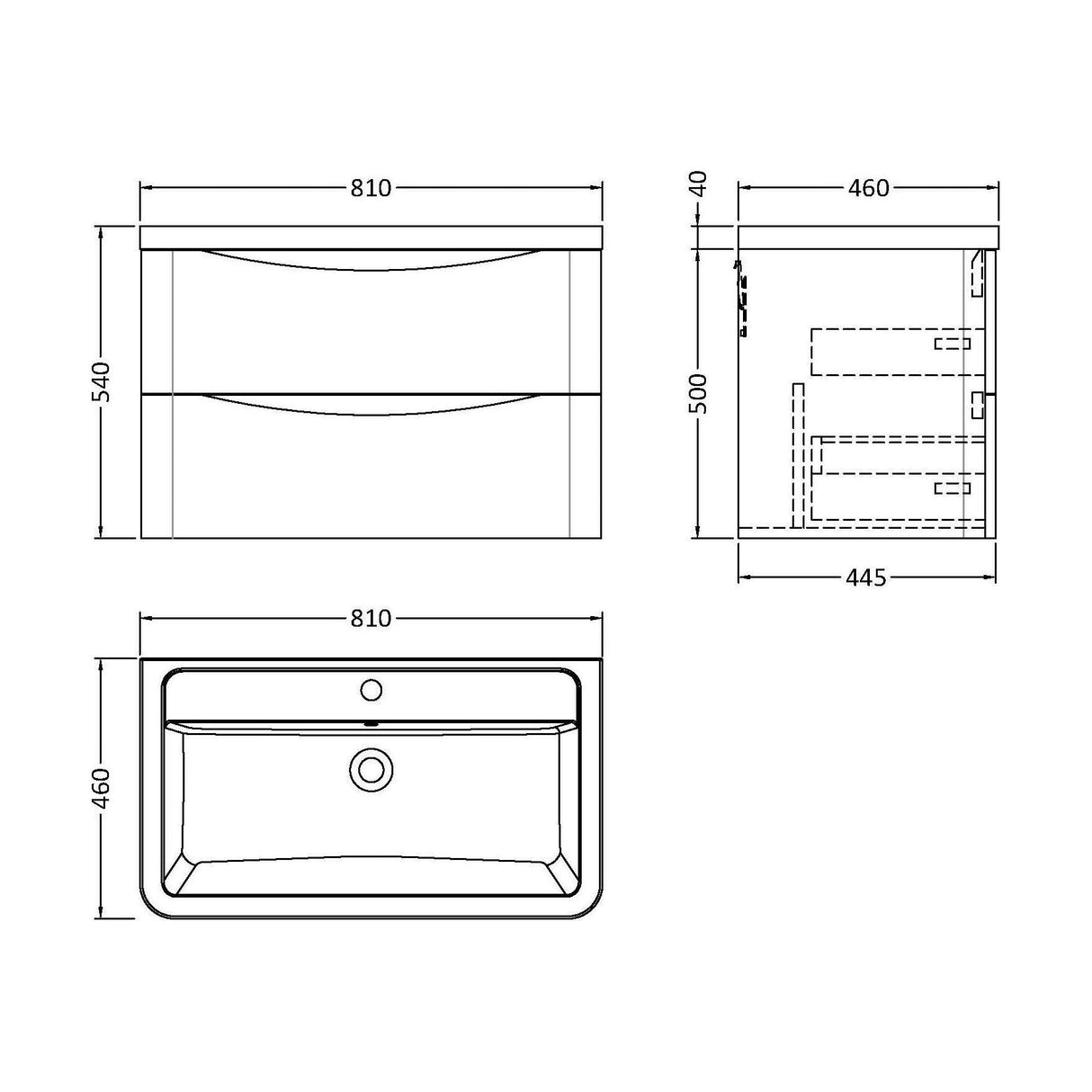 [BFAC1404A] Dunwood Contemporary 2 Drawer Wall Hung Vanity Unit with Basin, Dark Grey, 800mm - Technical Drawing